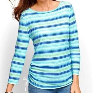 New Talbots Linen Blend Striped Side Tie Tee Size XL Blue Green Beach Nautical